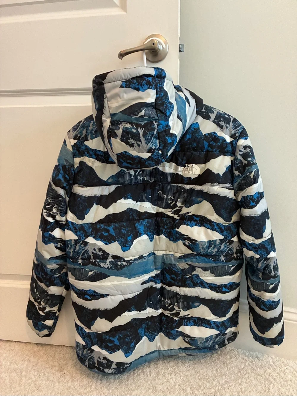 The North Face Kids Blue, Navy & White Mountain-Print Puffer Jacket